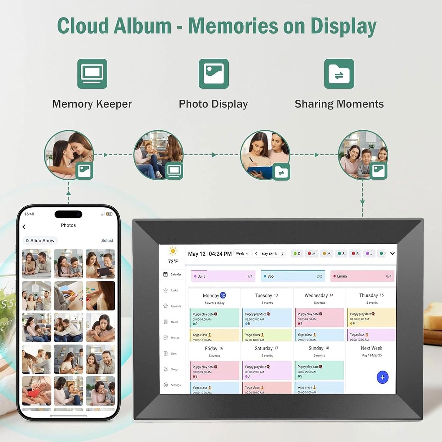 Jiawu 10.1 Inch Smart Digital Calendar, HD Touchscreen Family Planner with Interactive Chore Chart and Meal Planner, Two Way Sync, Electronic Picture Frame Share Moments (US)