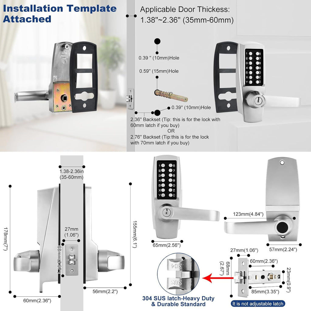 Mechanical Keypad Door Lock with Keys, Single Sided Combination Code Handle, Hold Open Lever, Fits 60 & 70mm Latch, Brushed Nickel for Front Gate Garage Warehouse Office Rental