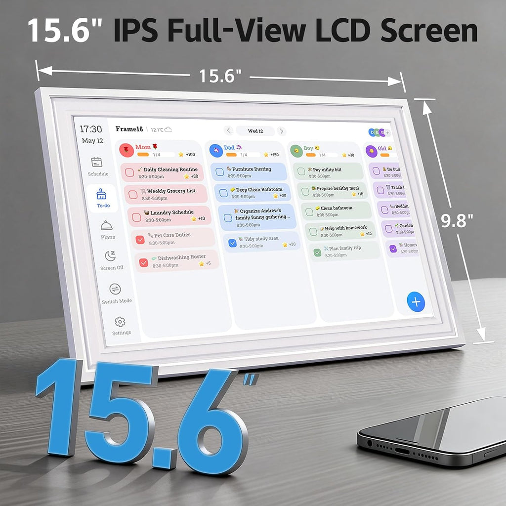 15.6 Inch IPS Touch Screen Smart Digital Calendar, HD Family Wall Desk Planner with Chore Chart, Meal Planner & Reward System, Free 64GB Card, Ideal Gift for Family, Parents, Kids
