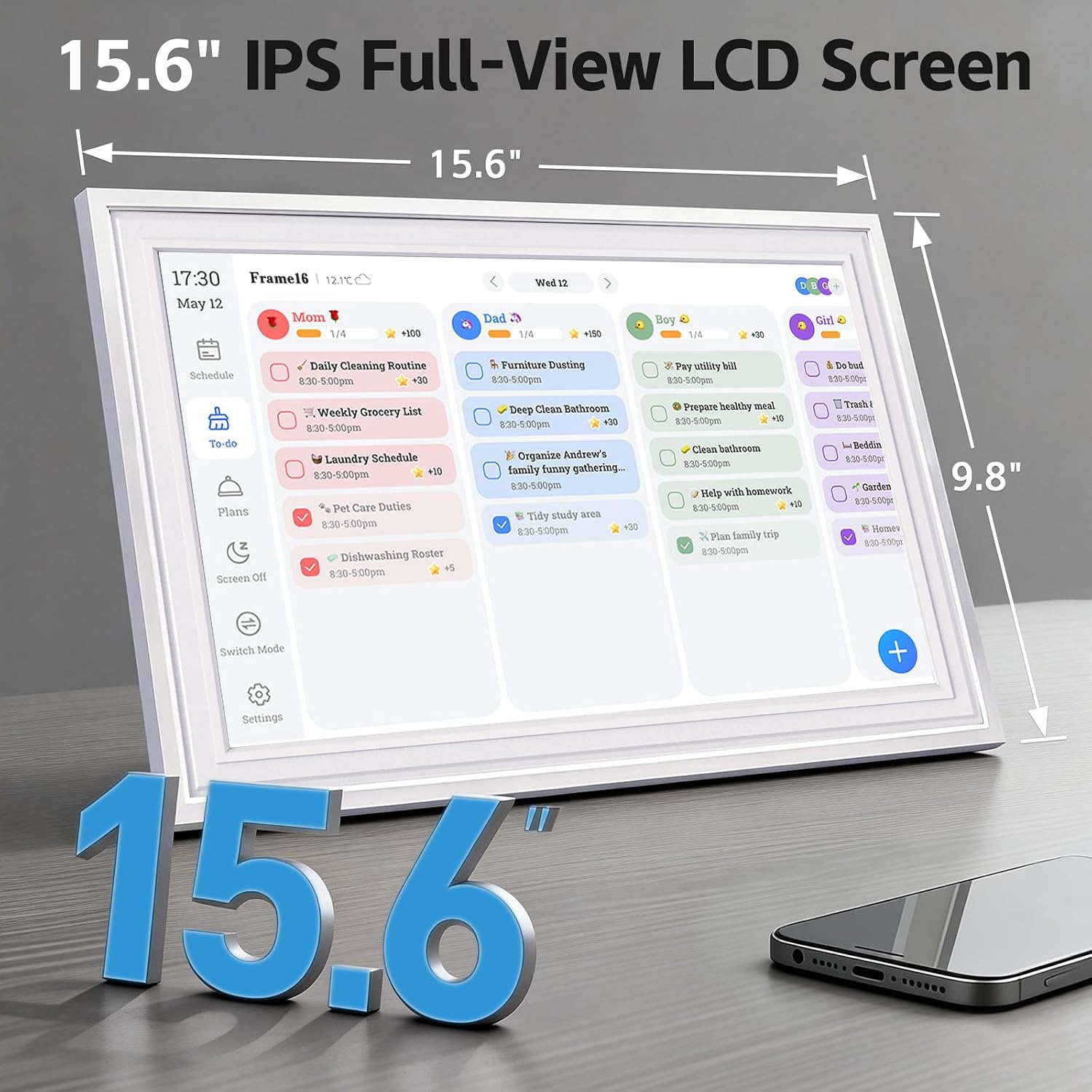 15.6 Inch IPS Touch Screen Smart Digital Calendar, HD Family Wall Desk Planner with Chore Chart, Meal Planner & Reward System, Free 64GB Card, Ideal Gift for Family, Parents, Kids