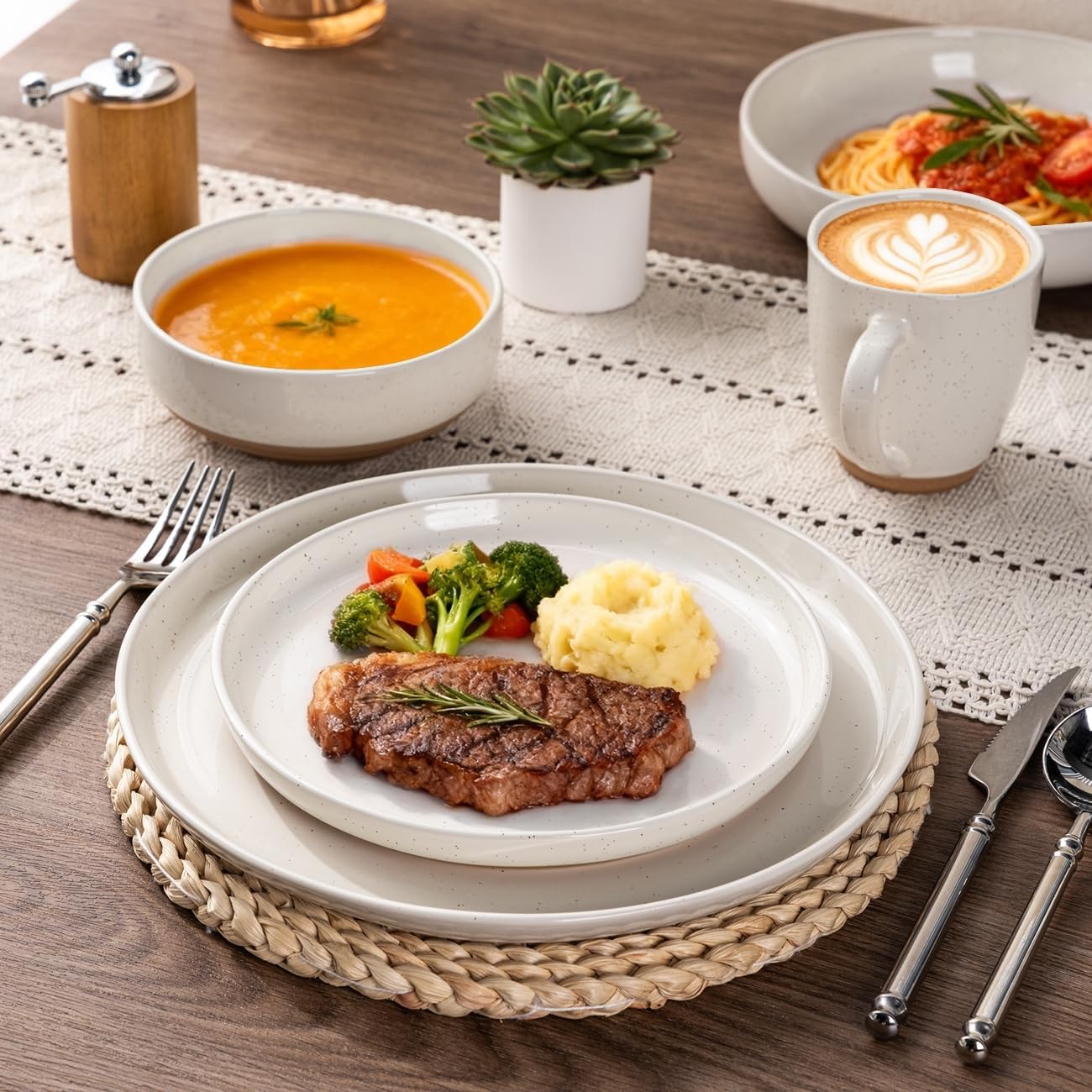 AmorArc Ceramic Dinnerware Sets with Pasta Bowls for 8, Handpainted Plates and Bowls Set with Rustic Terracotta Underside, Scratch Resistant Dishes Set, Dishwasher & Microwave Safe, 32 Pcs