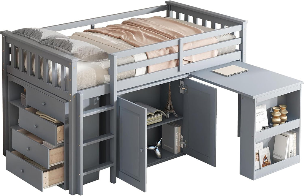 JIVOIT Twin Size Low Loft Bed, Multifunctional Loft Bed with Pulling-Out Desk, Storage Cabinet, Drawer and Shelf Cabinet, Rubber Wood Loft Bed with Safety Guardrail, Ladder, Easy Assembly (Grey/262)