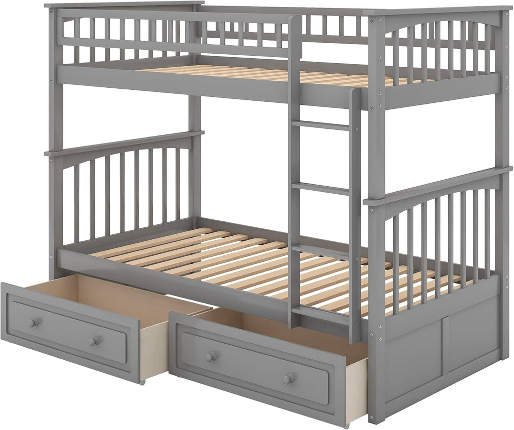 Twin Over Twin Wood Bunk Bed with Two Storage Drawers, Solid Wood Convertible Storage Bunk Bed Can Be Convertible to 2 Beds, Frame with Ladder, Safety Rail for Teens Adults (Gray)