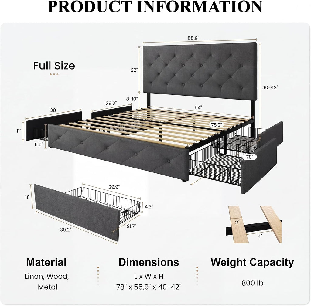 SHA CERLIN Upholstered Full Size Platform Bed Frame with 4 Storage Drawers, Adjustable Headboard with Diamond Stitched Button Tufted Design, Wooden Slat Support, No Box Spring Needed, Dark Grey