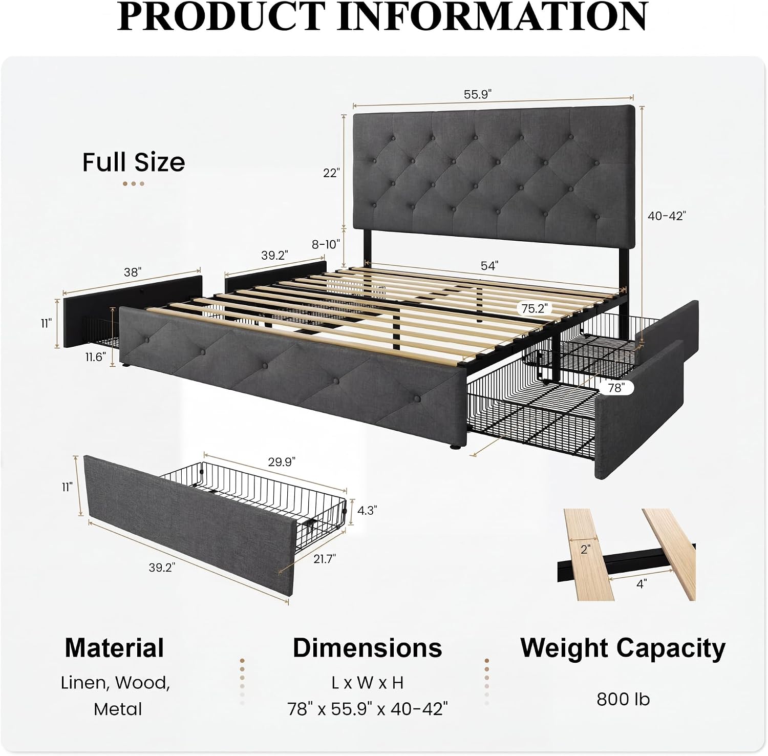SHA CERLIN Upholstered Full Size Platform Bed Frame with 4 Storage Drawers, Adjustable Headboard with Diamond Stitched Button Tufted Design, Wooden Slat Support, No Box Spring Needed, Dark Grey