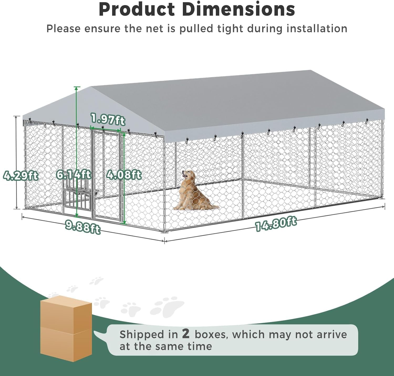 Lyromix 10 x 15FT Outdoor Dog Kennel with Roof & Feeding Bowls, Heavy Duty Galvanized Chain Link Structure, Outdoor Dog Pen with Secure Lock for Yard