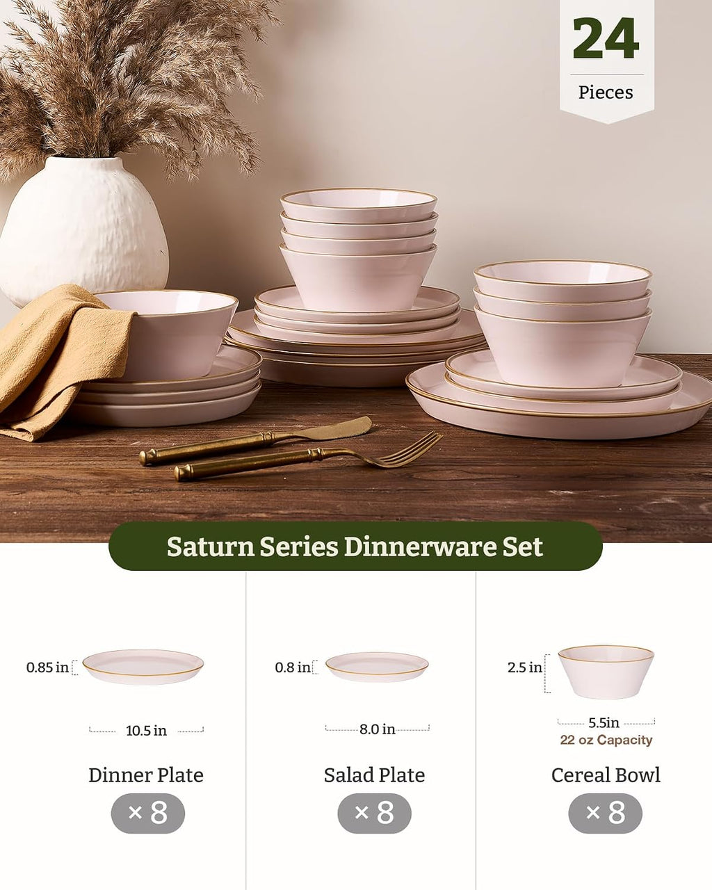 Famiware Saturn Stoneware Dinnerware Sets for 8 (24 Pieces), Ceramic Plates and Bowls Dish Sets with Hand-Painted Trim - Chip & Scratch Resistant, Microwave & Dishwasher Safe Tableware, Light Pink