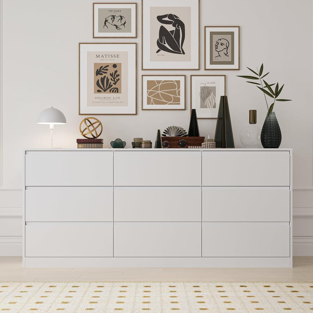 Bobve 70.9' Dresser for Bedroom with 9 Drawers, Large Modern Chest of Drawers with Deep Drawers, Wide Double Dresser Handle Free, Storage Organizer for Bedroom, Living Room, Hallway (White)