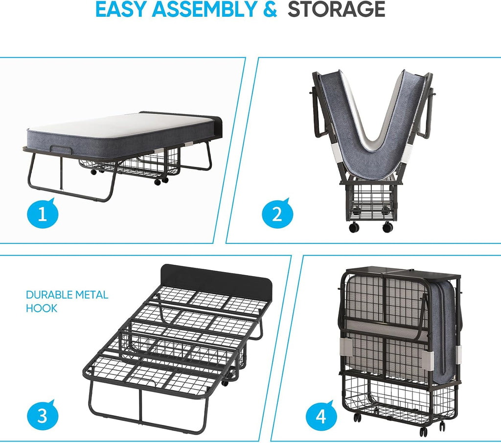 PUREMIND Folding Bed with 5'' Mattress for Adults, Rollaway Sofa for Adults with Basket Dustproof Bag & Head Baffle, Upgrade Single Portable Foldable Bed with Metal Frame & Swivel Wheels