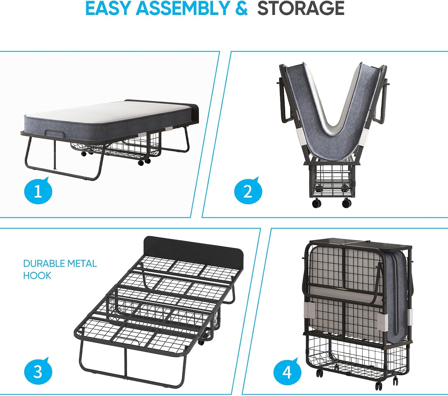 PUREMIND Folding Bed with 5'' Mattress for Adults, Rollaway Sofa for Adults with Basket Dustproof Bag & Head Baffle, Upgrade Single Portable Foldable Bed with Metal Frame & Swivel Wheels