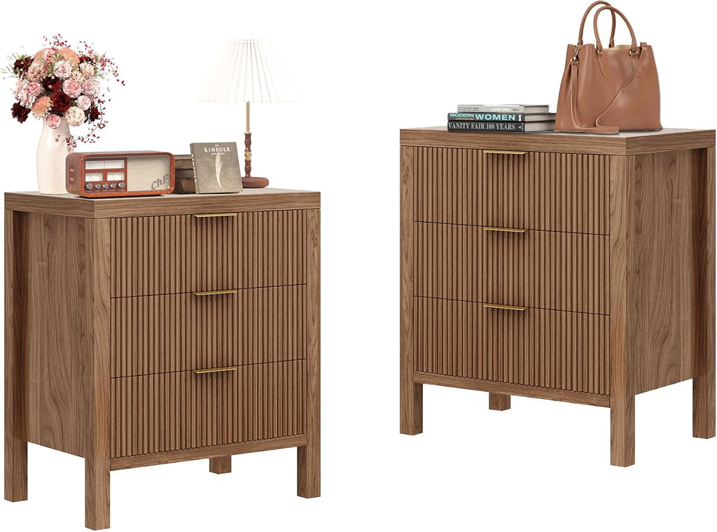 Nightstand with 6 Drawers, Dresser and Nightstand Sets, Bedside Tables, Mid Century Nightstands with 6 Wide Drawers for Bedroom, Kids' Room, Hallway, （Walnut X 2pcs）