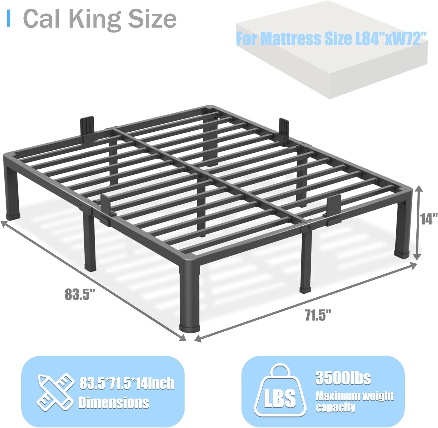 Yitong Angel 14 inch California King Bed Frame with Round Corner Legs Mattress Slide Stopper,3500 lbs Heavy Duty Metal Platform,Steel Slat Support,No Box Spring Needed,Easy Assembly,Noise Free