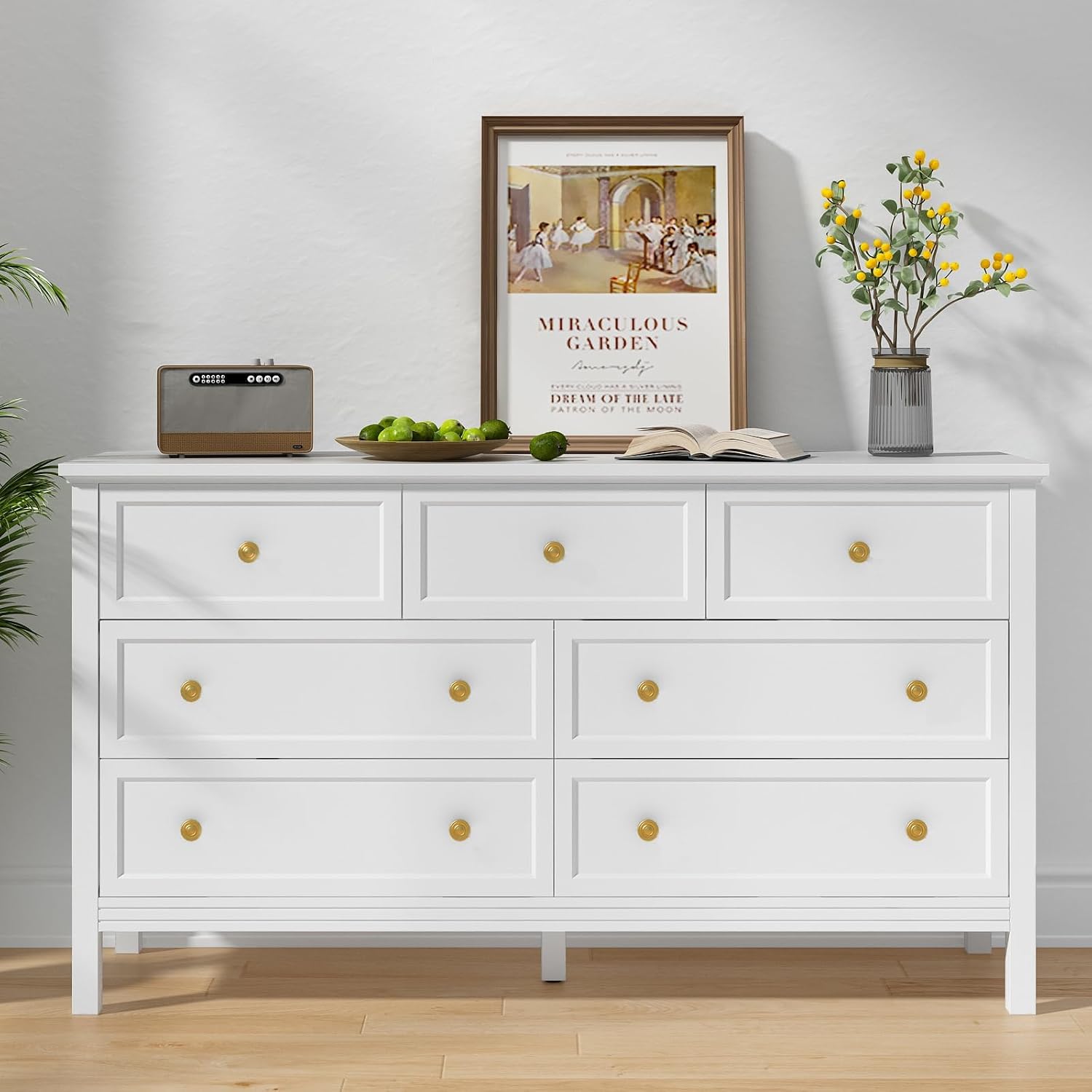 CARPETNAL White Dresser for Bedroom, 7 Drawer Dresser with Wide Drawers and Gold Metal Handles, 55' White and Gold Dressers TV Stand, Modern Dressers & Chests of Drawers for Hallyway, Entryway
