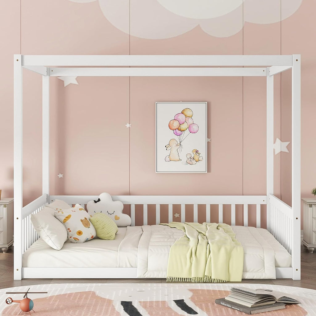 Full Size Canopy Bed Frame with Guardrails for Kids,Floor Bed Full with Four Poster Design,Kids Montessori Floor Bed,Wood Canopy Bed Frame for Girls,Boys(Full,White)