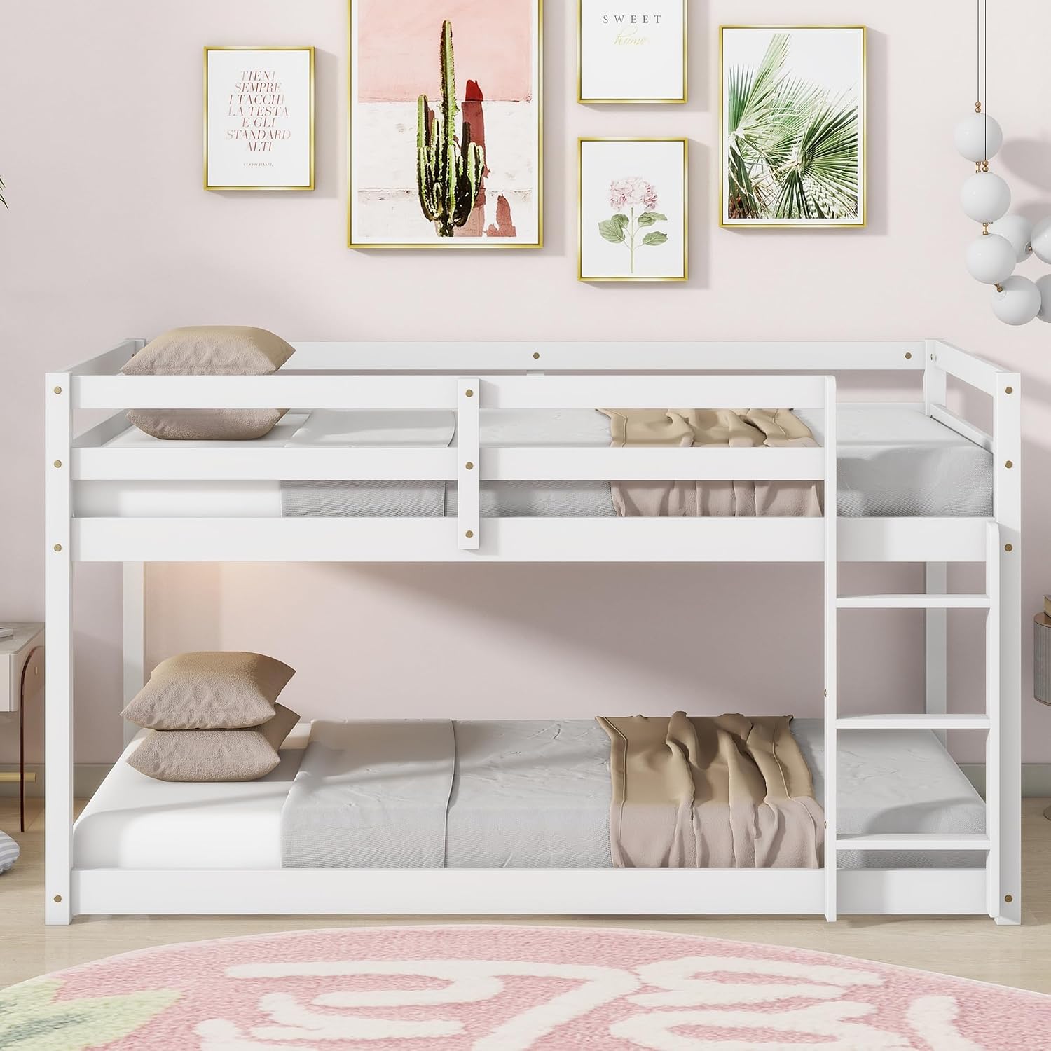 Ball & Cast Twin Over Twin Bunk Bed,Solid Rubber Wooden Low Floor Platform Bed with Ladder and Full Length Guardrail,Slat Support,Bedroom Furniture for Girls Boys,White