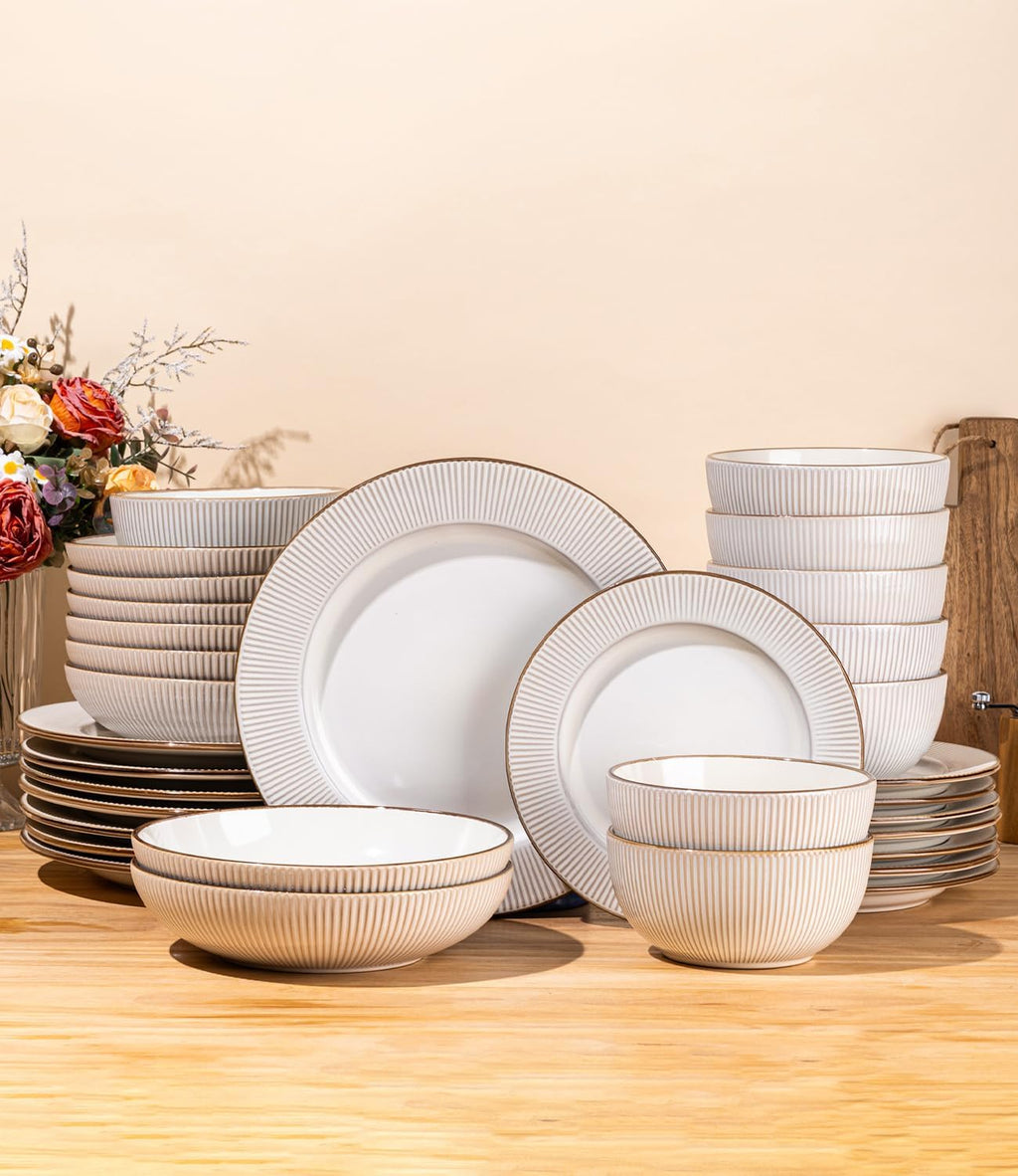 GBHOME Ceramic Dinnerware Sets, 32 pcs Embossed Elegant Stoneware Plates and Bowls Sets, Housewarming Wedding Gift | Dishwasher & Microwave Safe | Dishes Set Service for 8