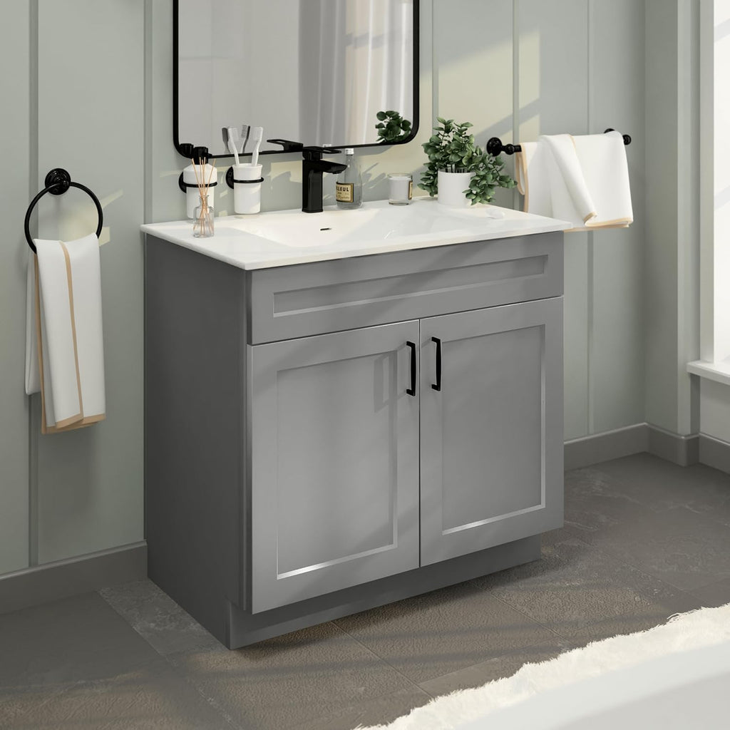 36' Light Grey Shaker Bathroom Vanity Base – Ready-to-Assemble Sink Cabinet, Freestanding Bathroom Vanity Base Only, No Top or Sink