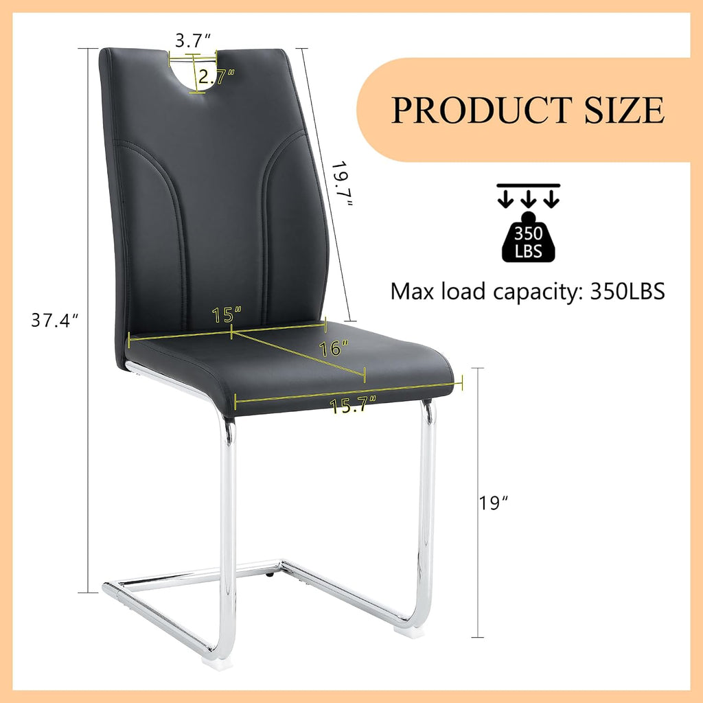 Dining Chairs Set of 2 Modern PU Kitchen Chairs with High Back,Soft Cushion Chrome Metal Legs for Dining Room,Living Room, Bedroom (Black+Silver, Set of 2)