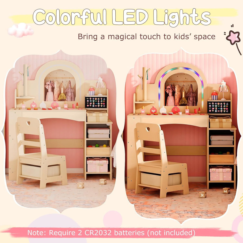 Costzon Kids Vanity, Girls Vanity Set with Lighted Mirror, Bookshelf, Jewelry Storage, Toddler Makeup Vanity Desk Dressing Table, Wooden Kids Vanity Table and Chair Set (Natural)