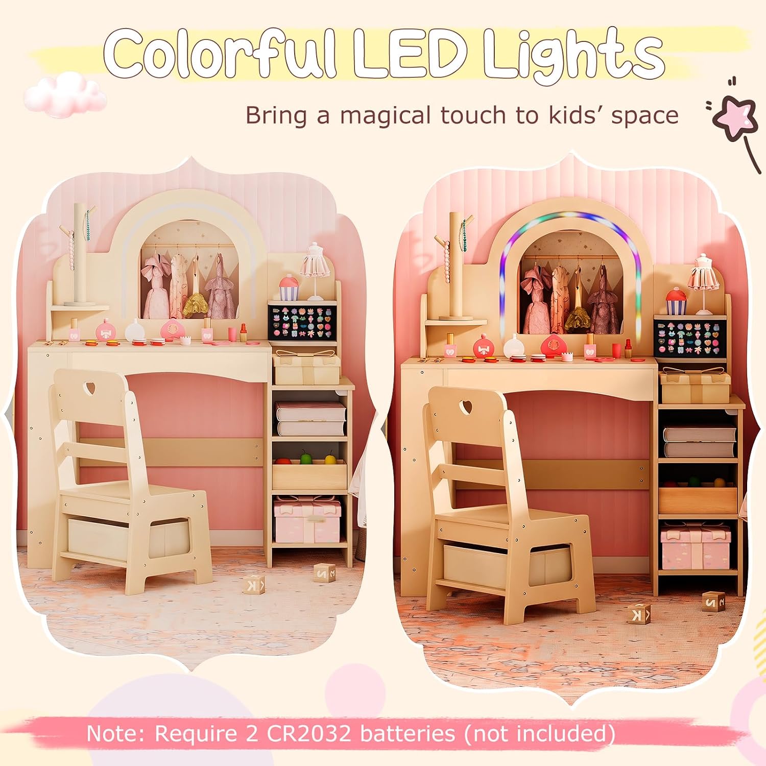 Costzon Kids Vanity, Girls Vanity Set with Lighted Mirror, Bookshelf, Jewelry Storage, Toddler Makeup Vanity Desk Dressing Table, Wooden Kids Vanity Table and Chair Set (Natural)