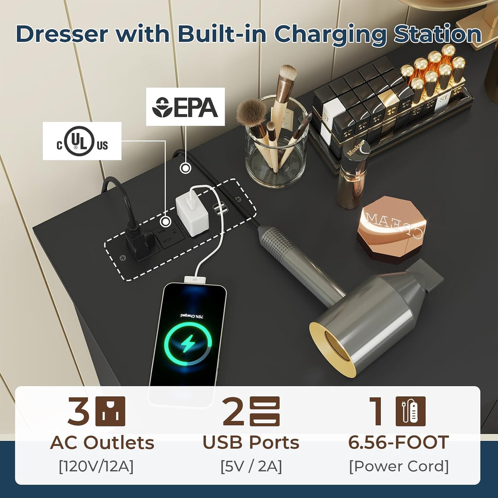 DICTAC Black Dresser for Bedroom with 10 Drawers, Large Chest of Drawers Storage Organizer, Long Dresser TV Stand with Power Outlets, Wide Dressers for Bedroom, Living Room 55.1' W x 32.3' H x 15.8' D