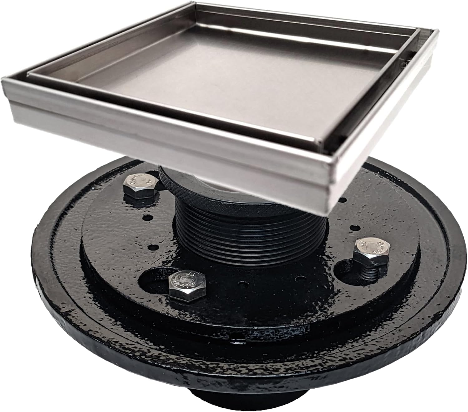 SereneDrains 304 Stainless Steel Tile in Square Brushed Nickel Shower Drain Kit with Drain Base Hair Catcher Strainer Grate Cover Bathroom Floor Insert (Cast Iron, 6 Inch)