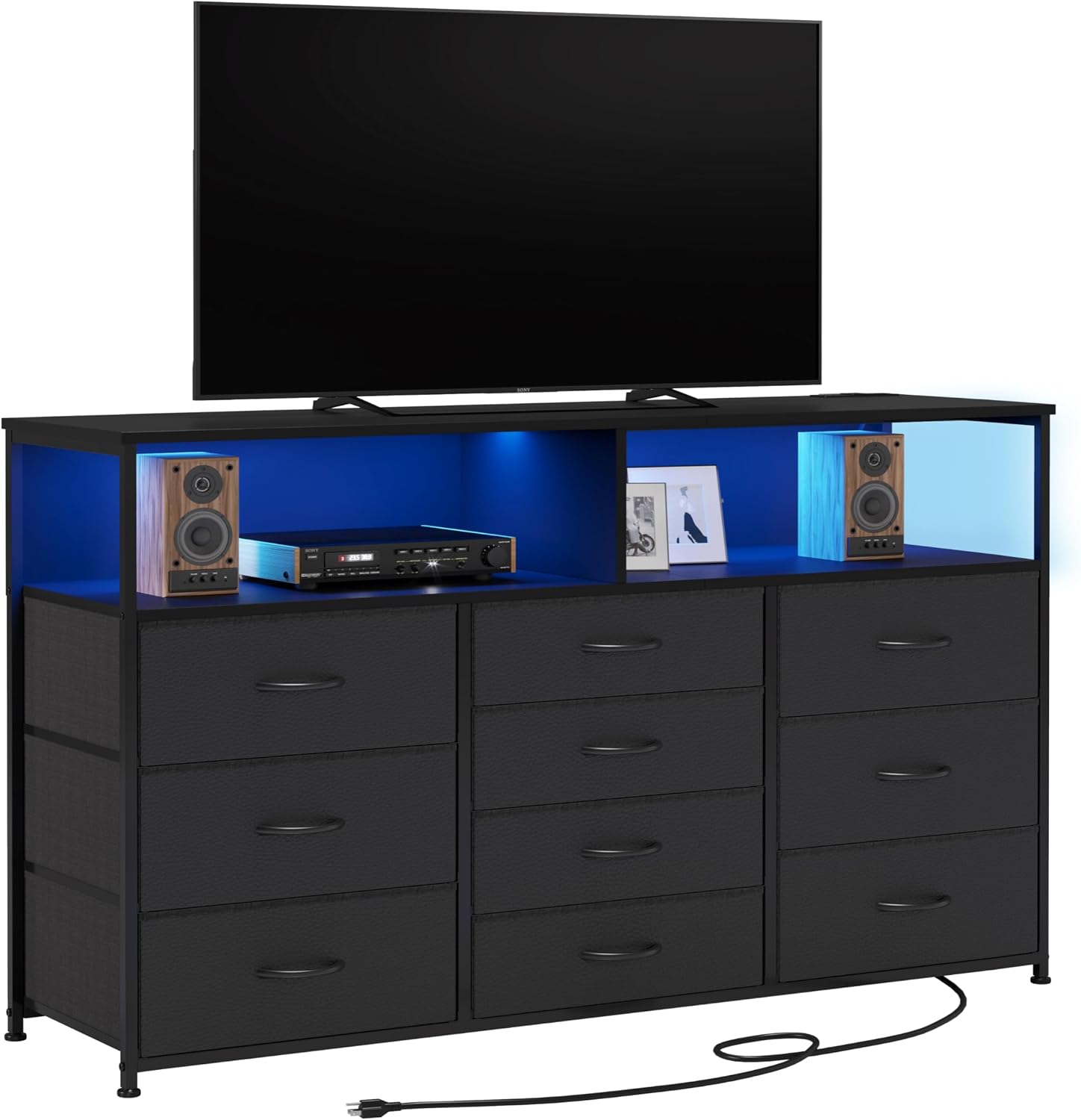 Unionly 55W 10-Drawers Dresser with 2 Open Storage Shelves, TV Stand Dresser for 55,65 inch TV，with Power Outlets and LED Lights, Fabric Dressers Drawers for Bedroom, Living Room (Black)