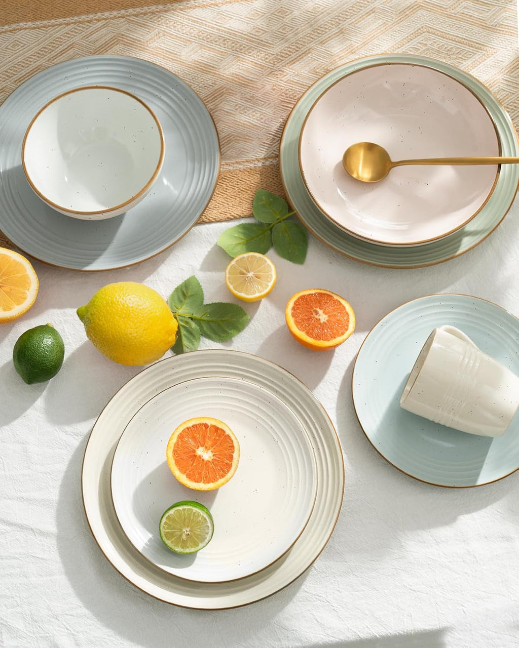 Famiware Jupiter 24-Piece Stoneware Dinnerware Set for 8, Handcrafted Plates and Bowls with Speckles & Embossed Swirls, Chip/Scratch Resistant, Microwave/Dishwasher Safe, Rustic Dishes, Multi-color