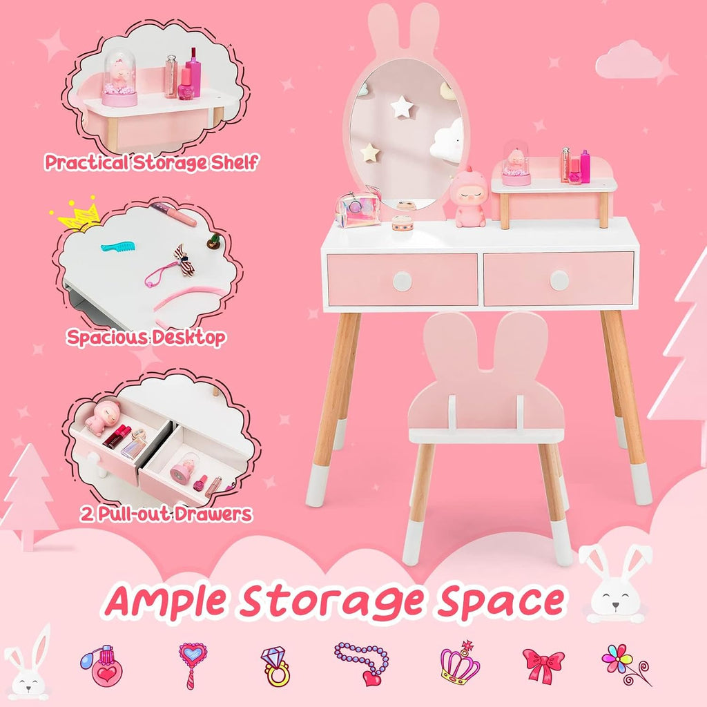 Costzon Kids Vanity Set & Jewelry Armoire Cabinet, Wooden Kids Vanity Table and Chair Set, Standing Jewelry Organizer with Full-Length Mirror, Kids Bedroom Furniture Set for Girls (Pink)