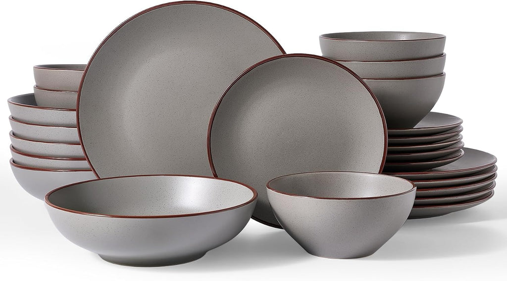Famiware Venus Stoneware Dinnerware Set with Pasta Bowls for 6, 24-Piece Speckled Plates and Bowls with Trim, Matte Dark Gray - Chip‑Resistant Dishes for Everyday/Formal Use, Microwave/Dishwasher Safe