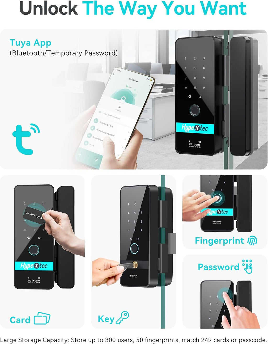 2026 No-Drill Smart Glass Lock for Frameless Doors,Auto-Reversal Keyless Entry Gate Locks with 5 Unlock Ways,Bluetooth App Control/Fingerprint/IC Card/Password/Keys,Home Office Business