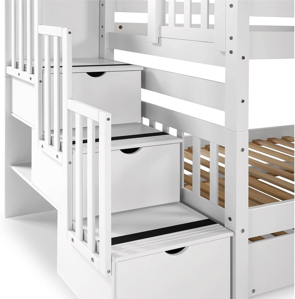 Bedz King Stairway Bunk Beds Twin Over Twin, 3 Step Drawers and a Twin Trundle, White