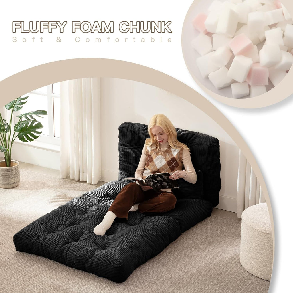 Folding Sofa Bed, Convertible Sleeper Chair with Pillow Foldable Mattress with Back Support, Portable Fold Out Chair Bed Comfy Floor Sofa Lounge for Living Room Bedroom, Black Twin 80x39 Inch