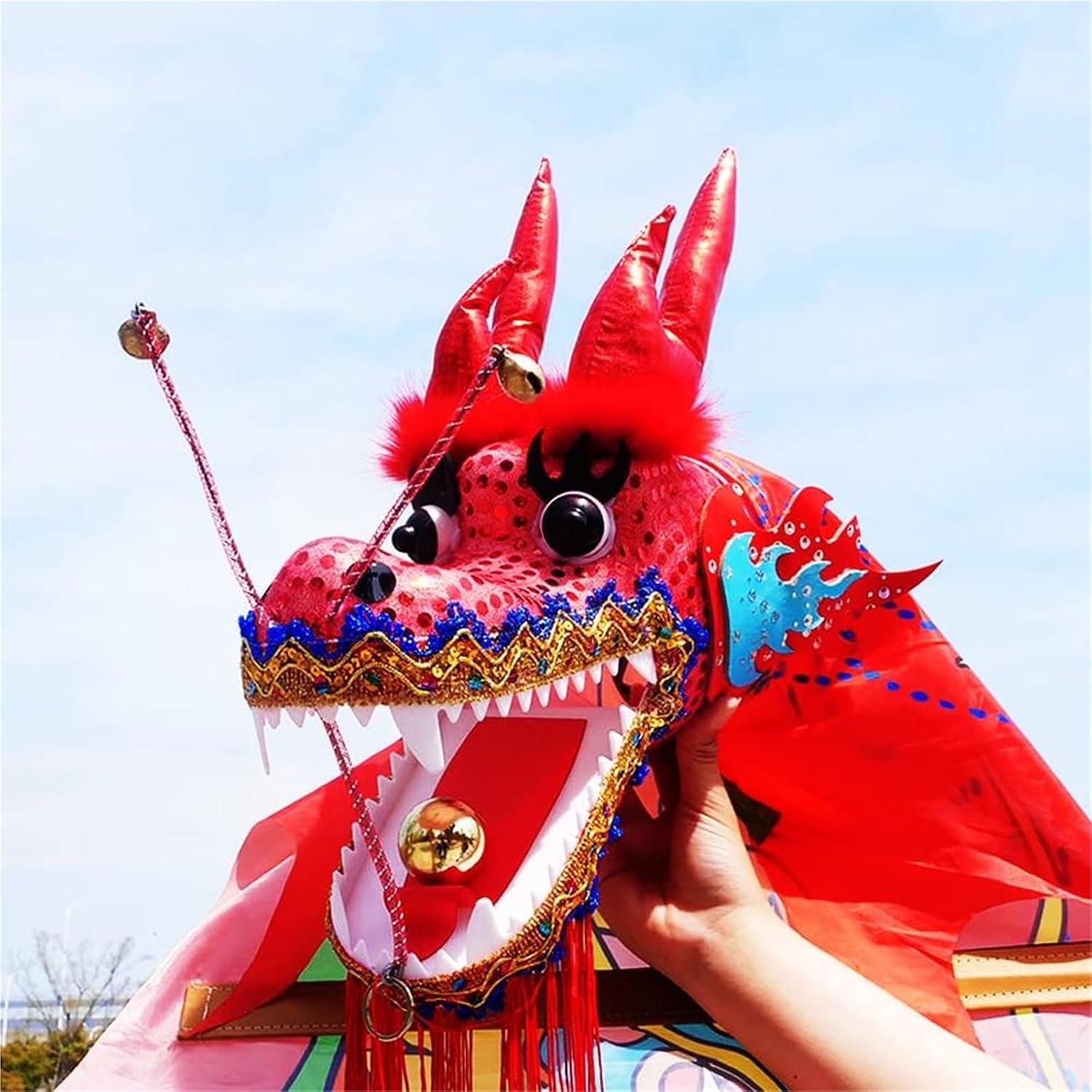 OVARIA Dragon Dance Fitness Ribbon 3D Dragon Head and Swing Rope Combo Chinese Wulong Flowy Ribbon Streamer Outdoor Fitness Dragon Stage Prop Set(Rainbow,33ft)