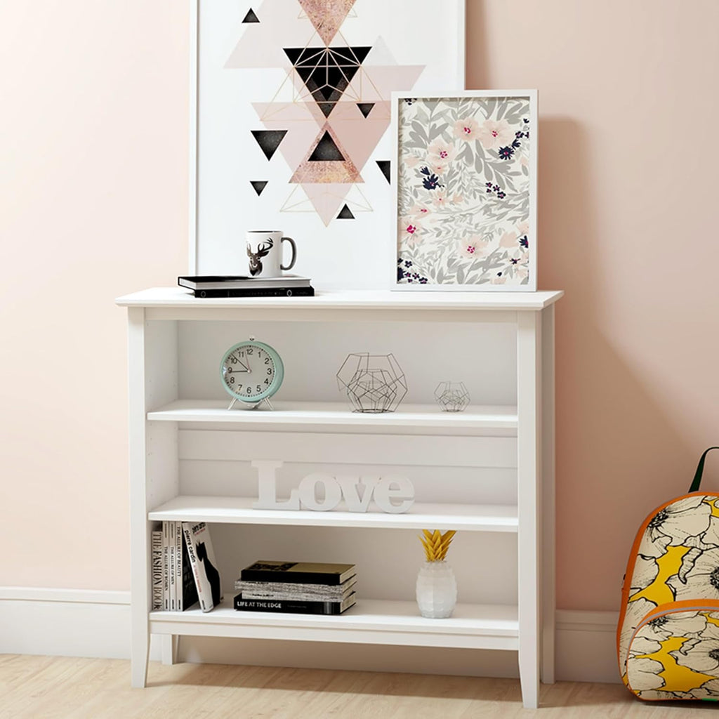 Simplicity Transitional Children's Under Window Bookshelf in White, Anti-tipping Hardware, Durable Brazilian Pine & Pine Veneer, Adjustable Shelves, Safety Standards, Modern