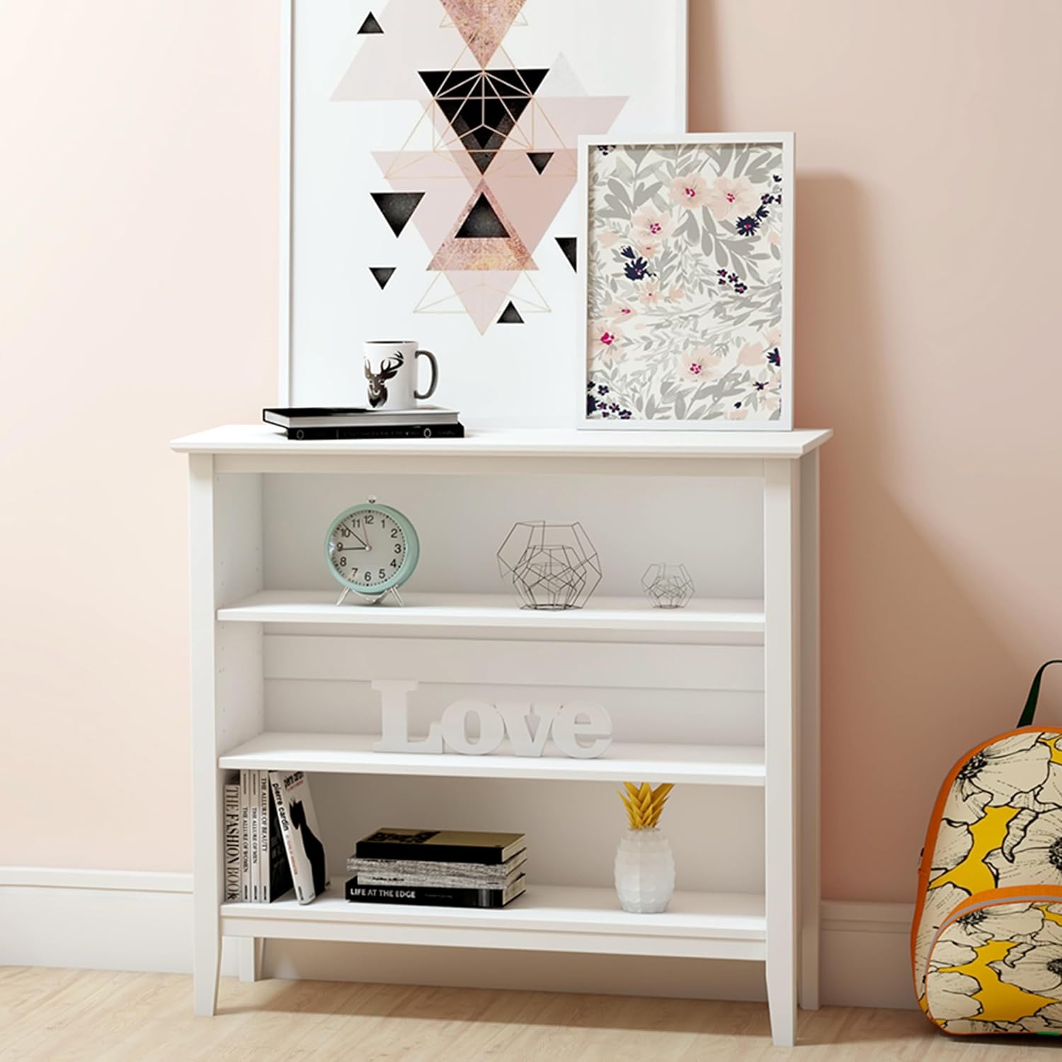 Simplicity Transitional Children's Under Window Bookshelf in White, Anti-tipping Hardware, Durable Brazilian Pine & Pine Veneer, Adjustable Shelves, Safety Standards, Modern