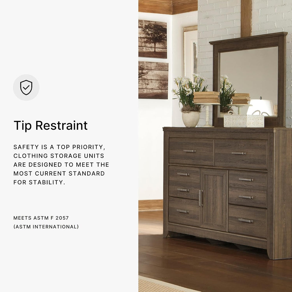 Signature Design by Ashley Juararo Vintage Smooth-Gliding 6-Drawer Dresser and Mirror with Safety Stop, Cabinet and Adjustable Shelf, Dark Brown