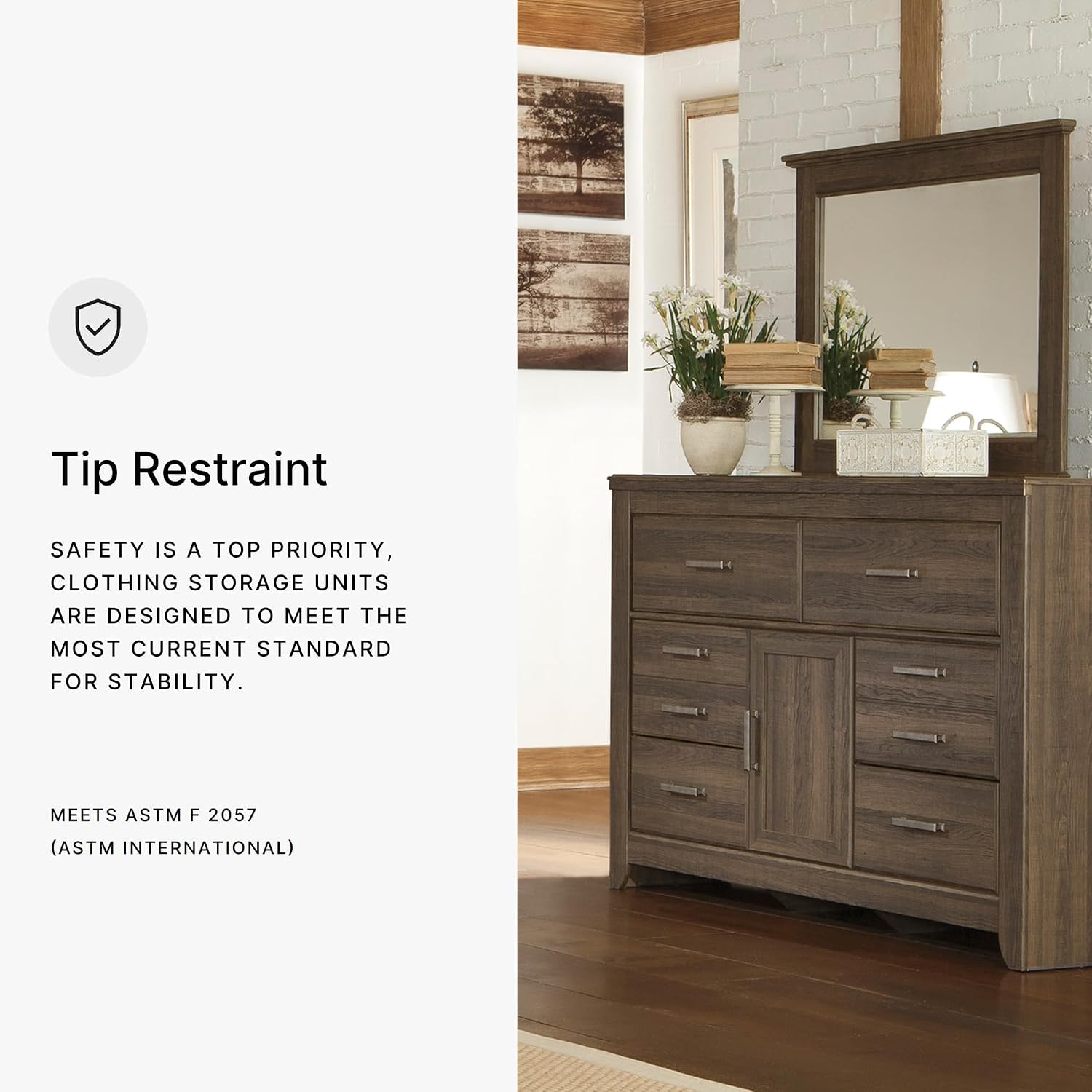 Signature Design by Ashley Juararo Vintage Smooth-Gliding 6-Drawer Dresser and Mirror with Safety Stop, Cabinet and Adjustable Shelf, Dark Brown