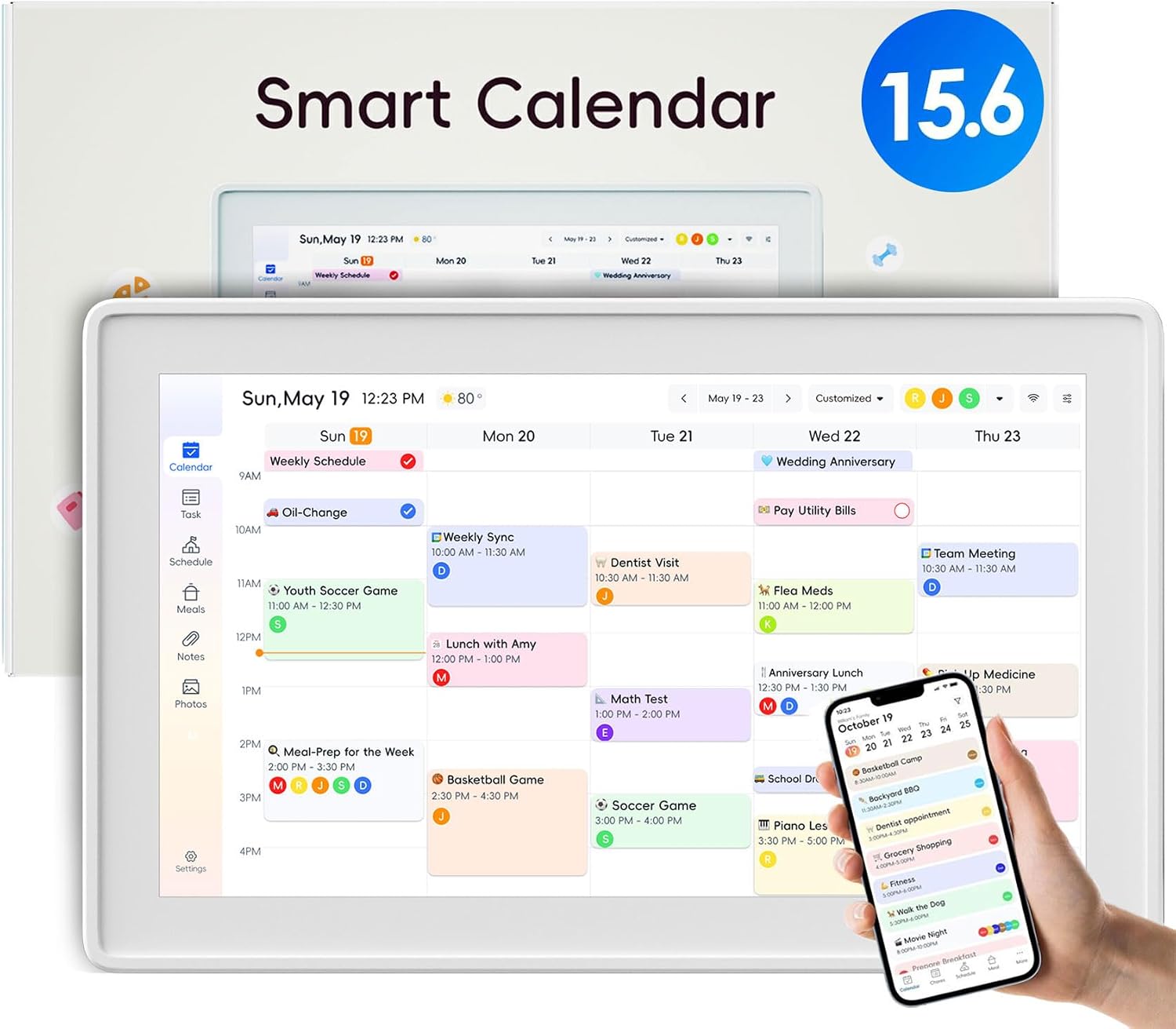 Smart Digital Calendar 15.6-inch Wall Planner & Family Organizer – Touchscreen Chore Chart, Meal & Task Scheduler – Easy Wi-Fi Sync – No Subscription – Home & Office Display (White Frame)