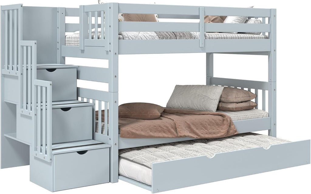 Bedz King Stairway Bunk Beds Twin Over Twin, 3 Step Drawers and a Twin Trundle, Breezy Blue