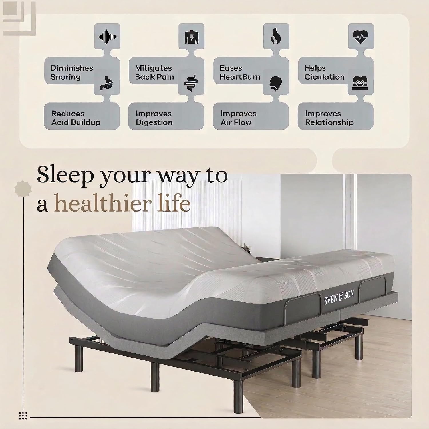 Sven & Son Harmony Adjustable Bed Base, Head and Foot Lift, Massage, Under-Bed Lights, USB, Gel Memory, Zero Gravity Smart Frame - King + 12 inch Memory Foam Matt (Medium)