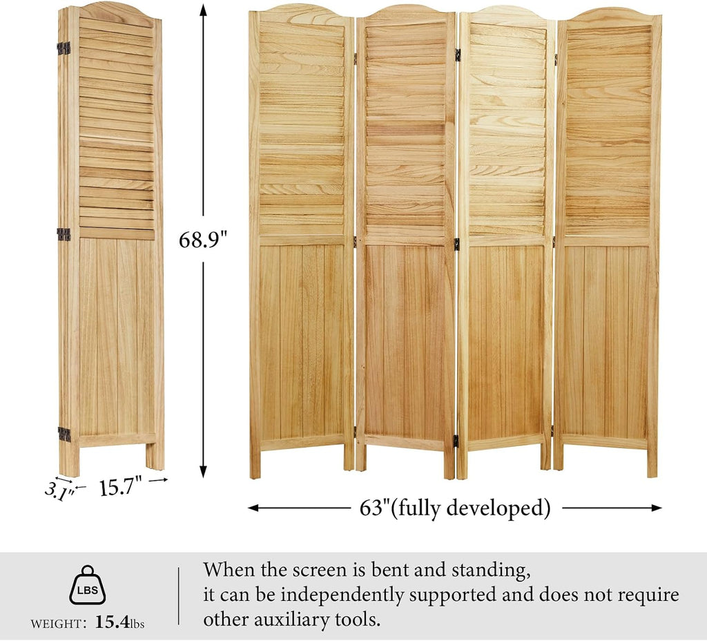 Room Dividers, 5.75Ft Individual Privacy Screens Foldable Wooden Louver & MDF Stable Wall Divider for Home Office Bedroom, 4 Panels (Natural)
