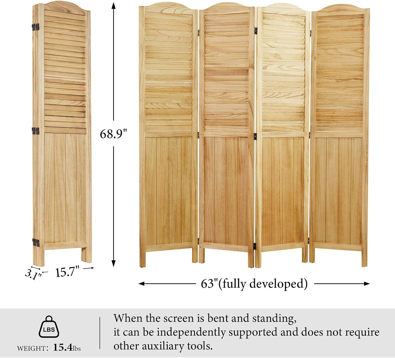 Room Dividers, 5.75Ft Individual Privacy Screens Foldable Wooden Louver & MDF Stable Wall Divider for Home Office Bedroom, 4 Panels (Natural)
