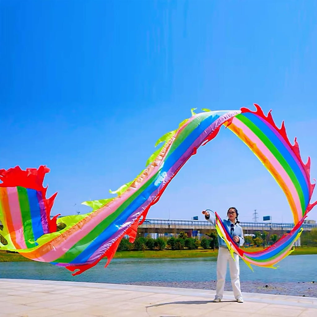 OVARIA Dragon Dance Fitness Ribbon 3D Dragon Head and Swing Rope Combo Chinese Wulong Flowy Ribbon Streamer Outdoor Fitness Dragon Stage Prop Set(Rainbow,33ft)