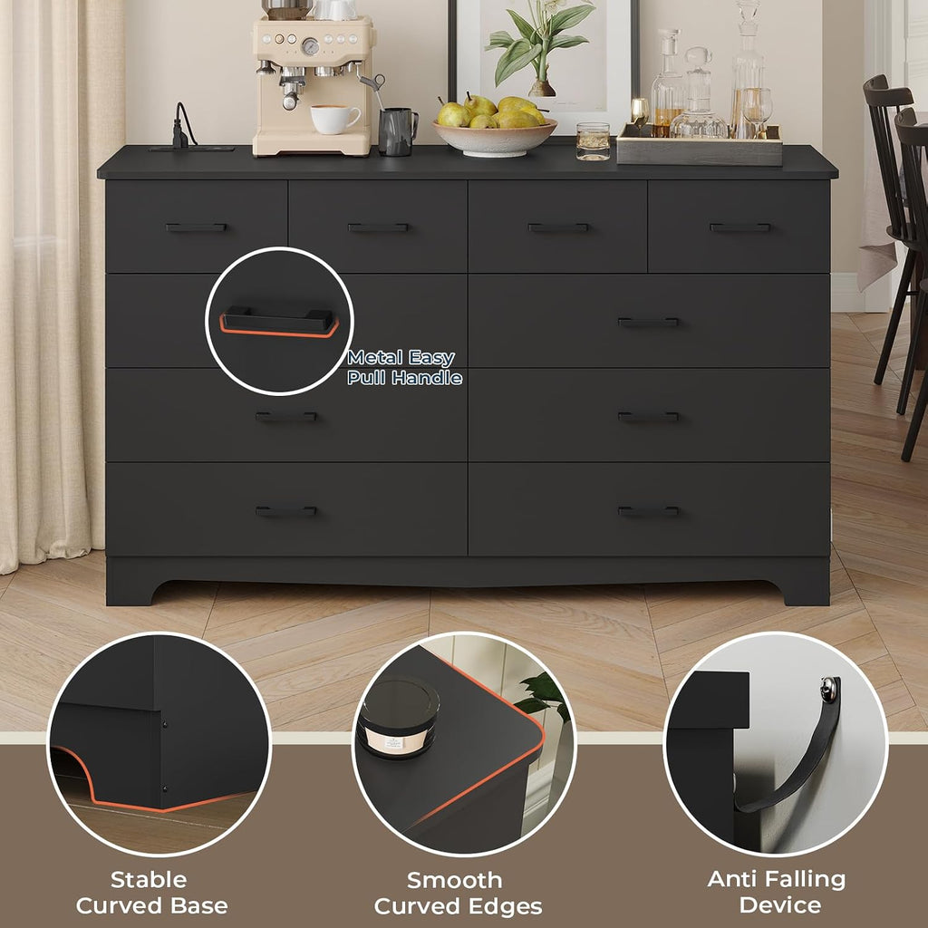 DICTAC Black Dresser for Bedroom with 10 Drawers, Large Chest of Drawers Storage Organizer, Long Dresser TV Stand with Power Outlets, Wide Dressers for Bedroom, Living Room 55.1' W x 32.3' H x 15.8' D