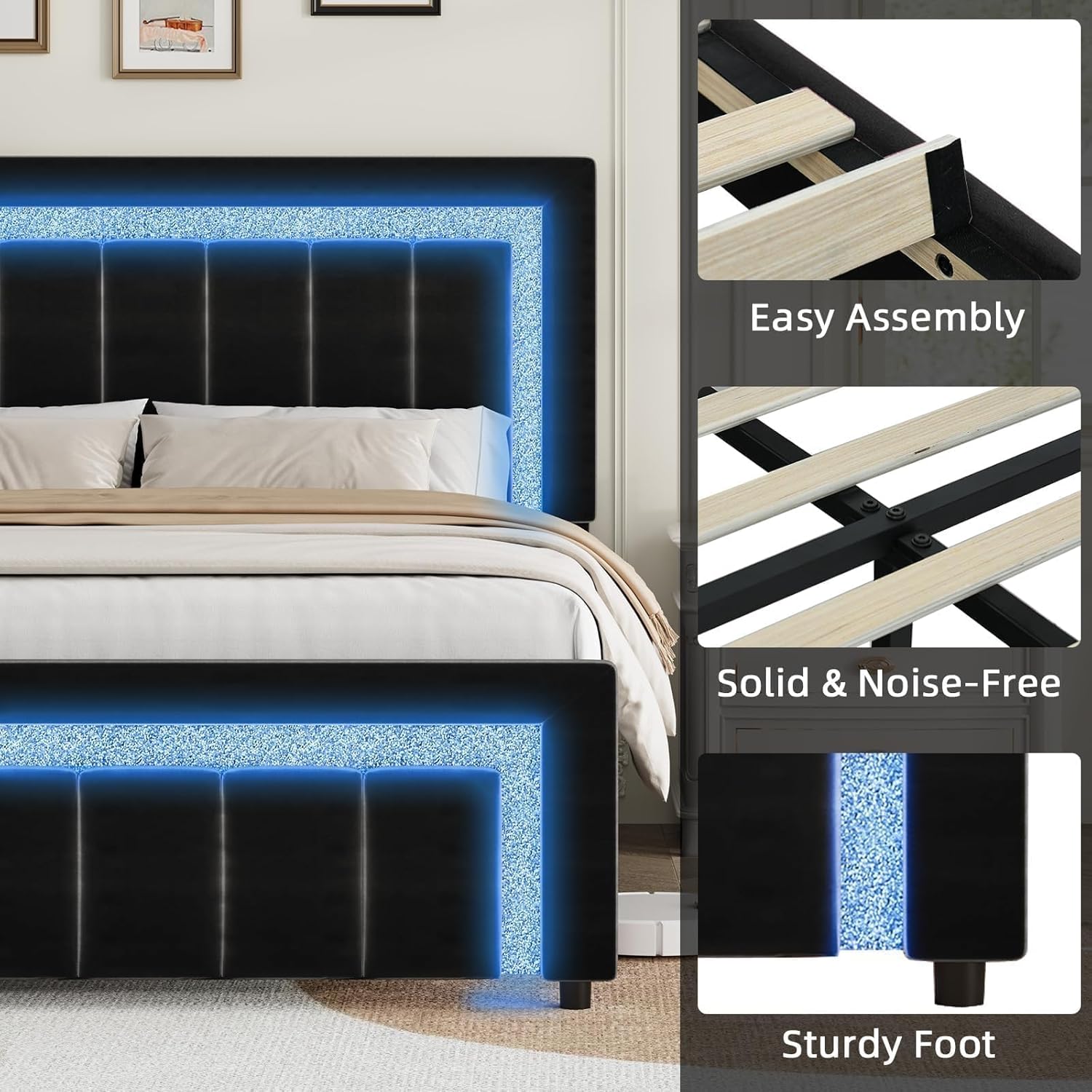Queen Size Bed Frame with LED Lights and Velvet Upholstered Adjustable Headboard, Bed Frame Queen Size with Diamond Headboard & Footboard, Wooden Slats Support, Noise Free, No Box Spring Needed, Black