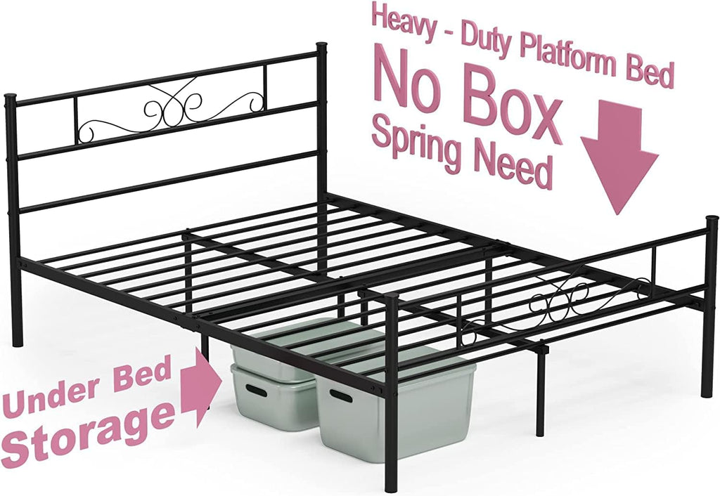 Weehom Bed Frame Queen Size with Headboard Under Storage 12 Inch Steel Slat Mattress Foundation Metal Bed for Boys Girls Adults No Box Spring Needed, Black