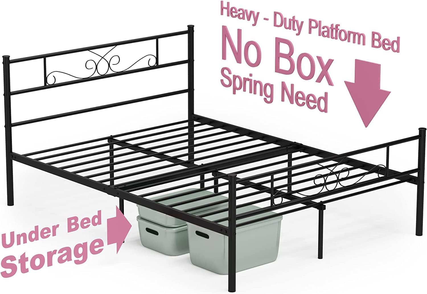 Weehom Bed Frame Queen Size with Headboard Under Storage 12 Inch Steel Slat Mattress Foundation Metal Bed for Boys Girls Adults No Box Spring Needed, Black