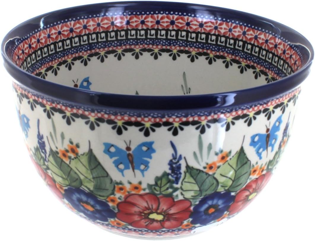 Blue Rose Polish Pottery - Red Floral Butterfly Medium Mixing Bowl - 8 Cup Capacity - Polish Pottery Ceramic Bowl for Baking, Mixing & Serving