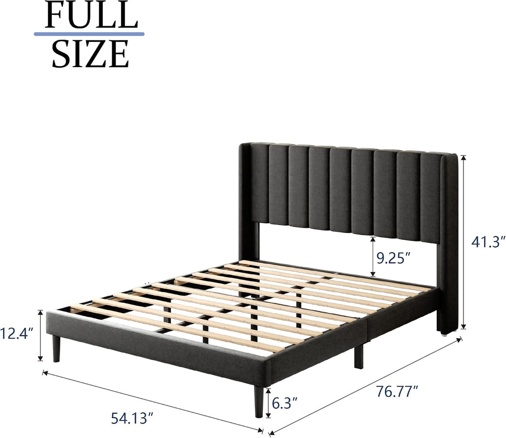 Gruwans Full Size Bed Frame with Upholstered Wingback Headboard, Easy Assemnly Platform Bed, Wooden Slat Support No Box Spring Needed, Dark Gray